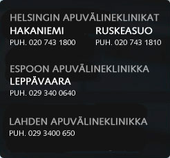 Aukioloajat Arkisin 8-17. Apuvälineklinikat Hakaniemi Siltasaarenkatu 11 Puh 020 7431800, Ruskeasuo Kiskontie 1 Puh. 020 7431810